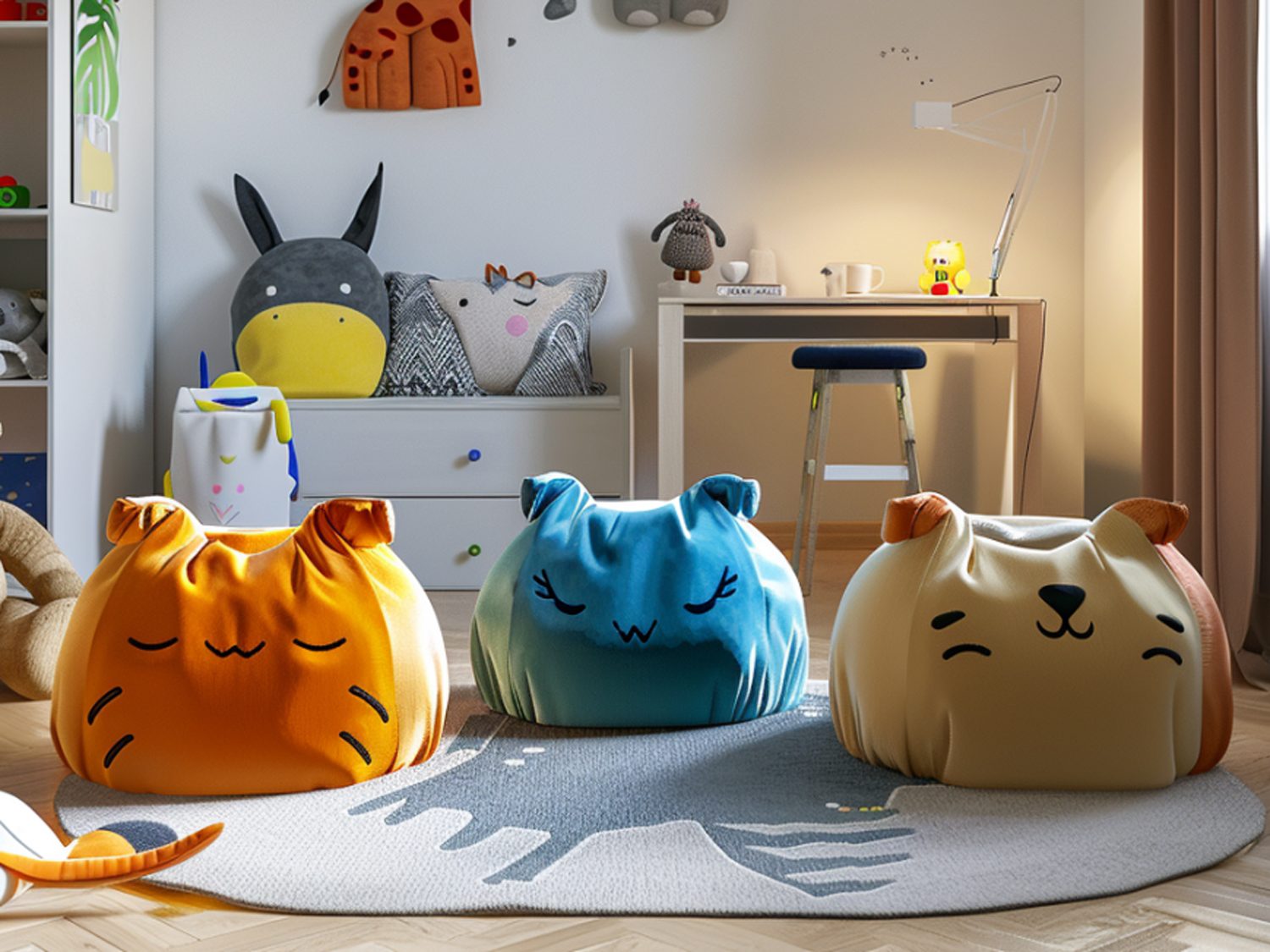 Kolorowe pufy dziecięce w kształcie zwierząt w pokoju dziecięcym