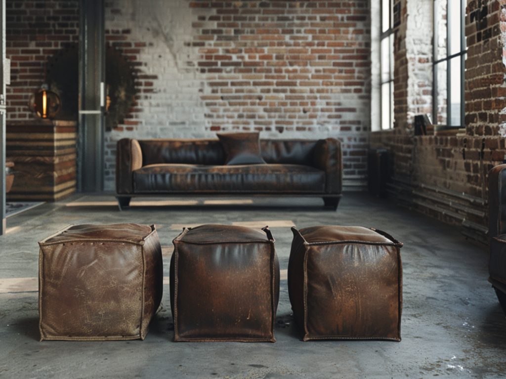 Industrialna sofa z ciemnoskórymi pufami i ceglaną ścianą loft