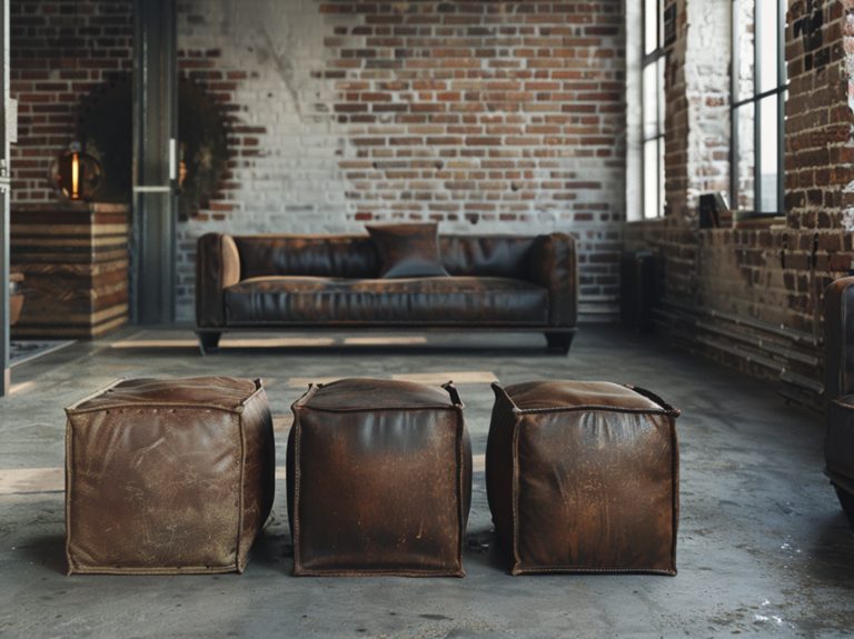 Industrialna sofa z ciemnoskórymi pufami i ceglaną ścianą loft