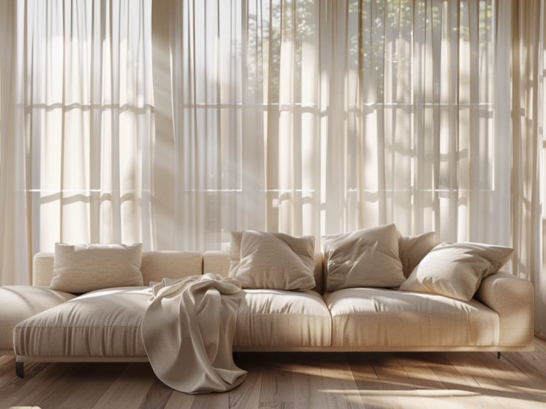 Beżowa sofa w stylu skandynawskim przy oknie z zasłonami