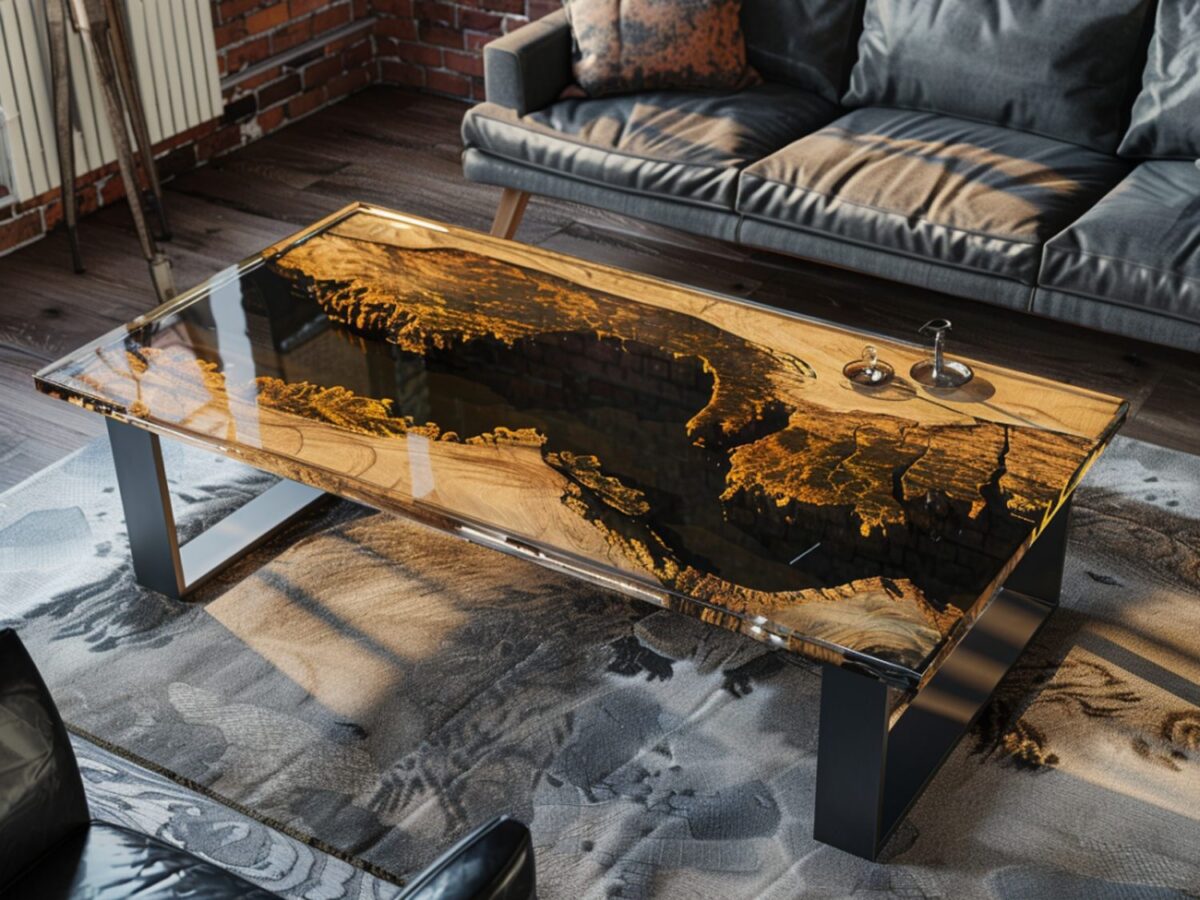 Stolik kawowy z czarnej żywicy w industrialnym wnętrzu