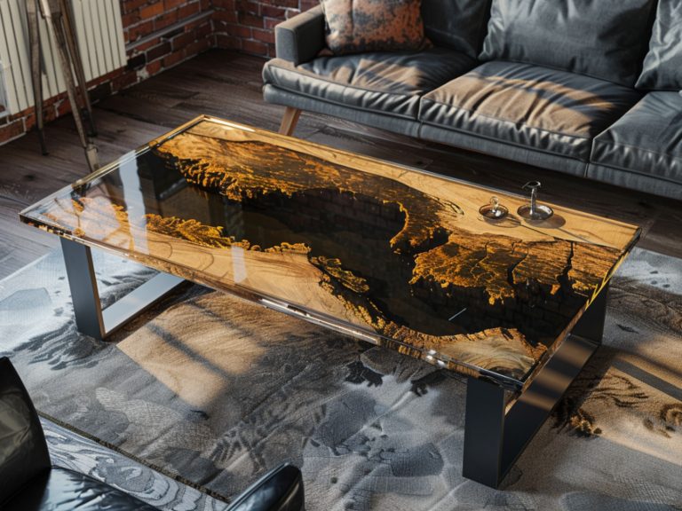 Stolik kawowy z czarnej żywicy w industrialnym wnętrzu