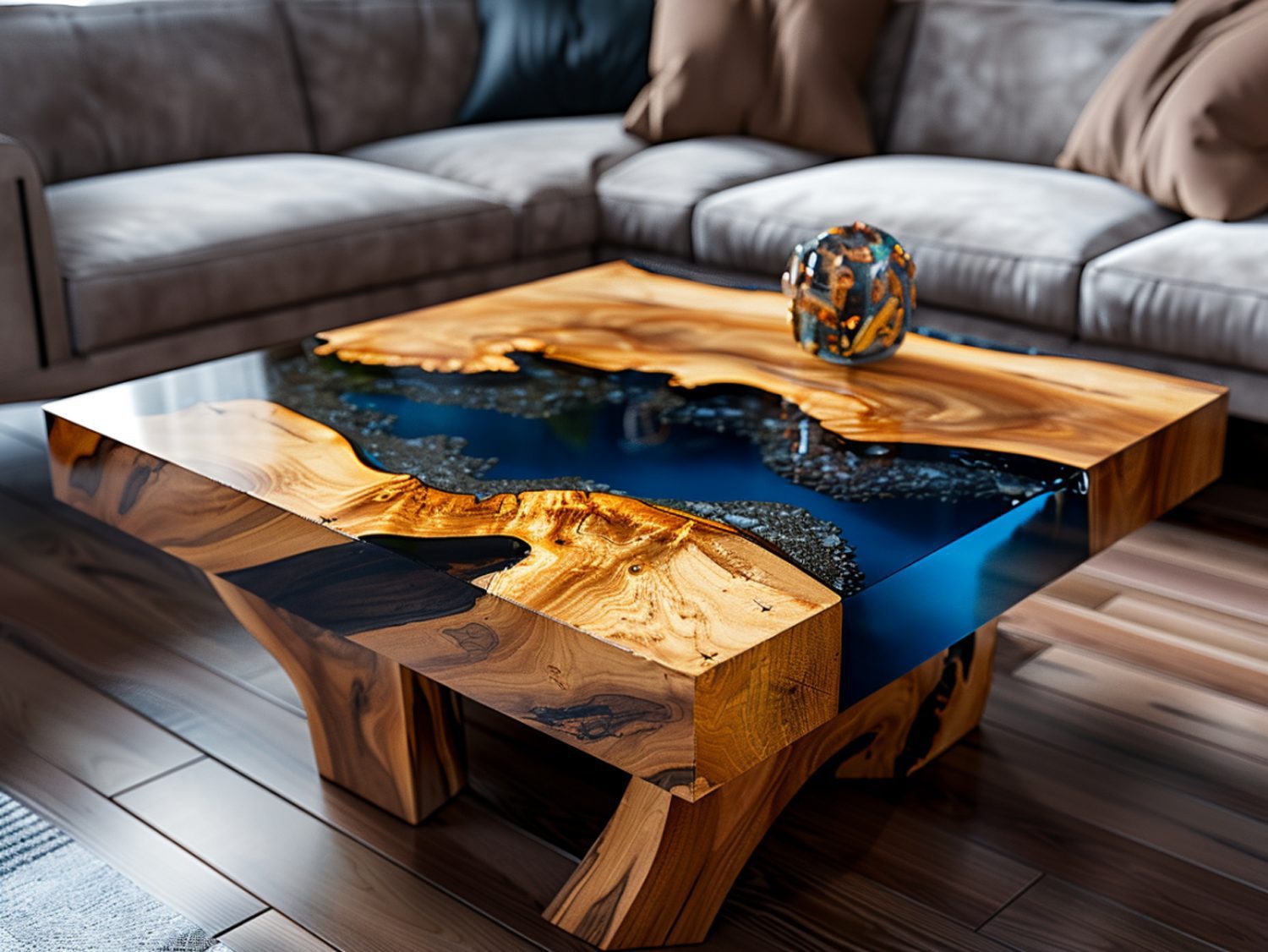 Stolik kawowy z i żywicy epoksydowej w salonie loftowym