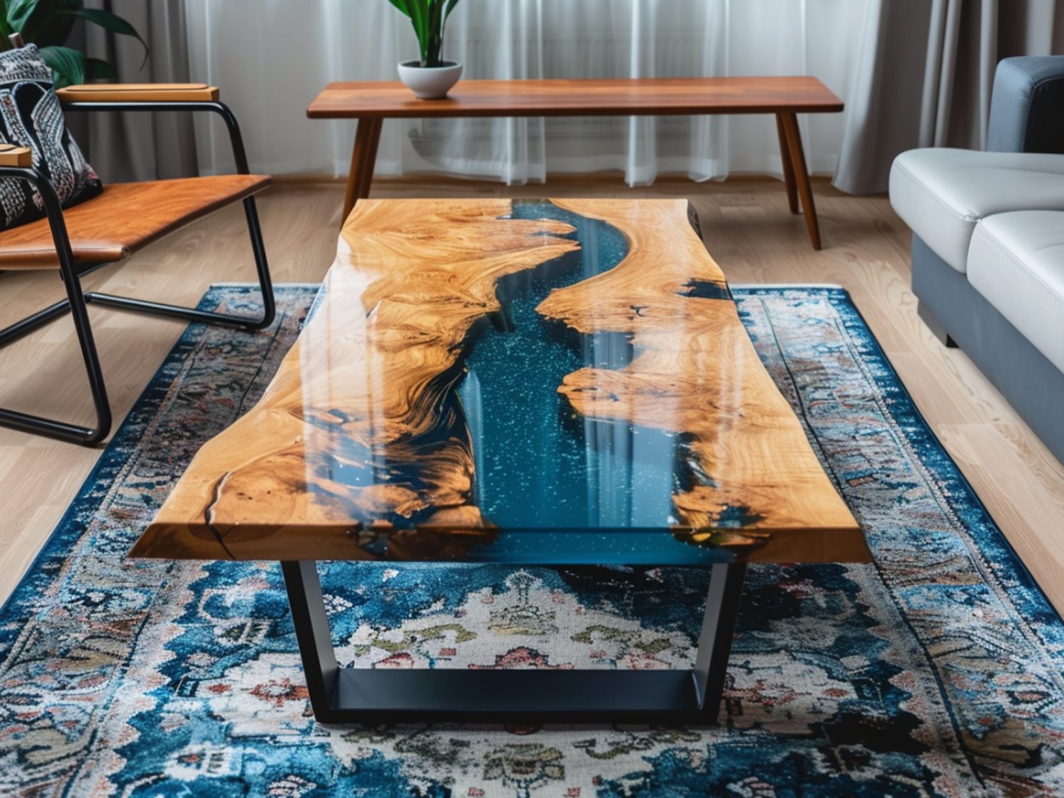 Drewniany stół z żywicą epoksydową i loftowymi nogami w jadalni