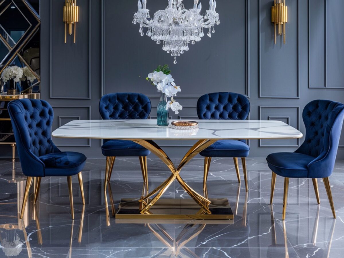 Prostokątny stół glamour ze złotą podstawą i granatowymi krzesłami w jadalni