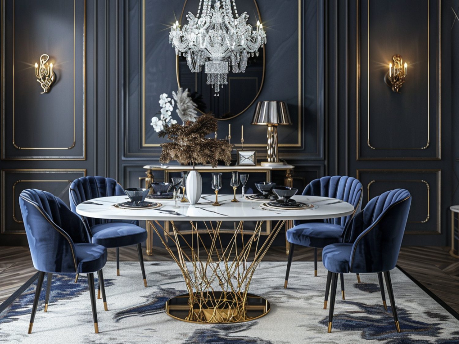Okrągły stół ze złotą podstawą i granatowymi krzesłami w stylu glamour