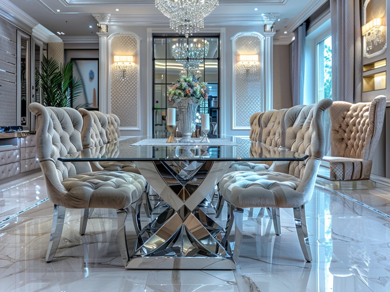 Stół z lustrzanym wykończeniem i pikowanymi krzesłami w jadalni glamour