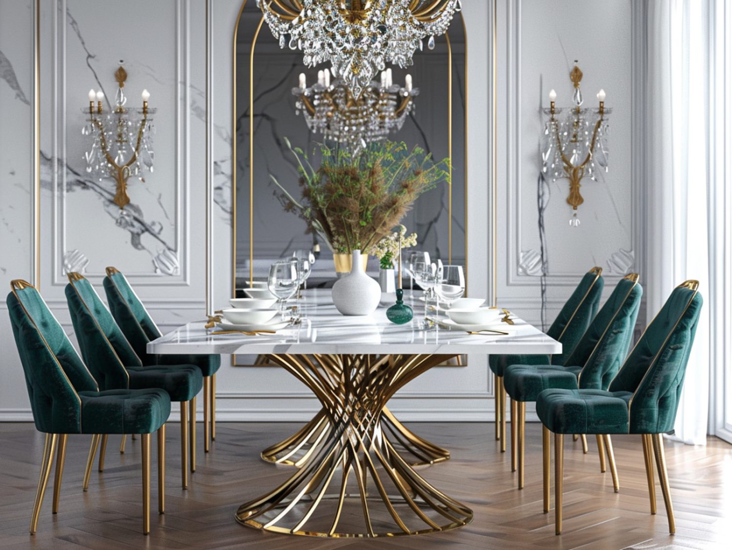 Okrągły stół glamour z marmurowym blatem i zielonymi aksamitnymi krzesłami