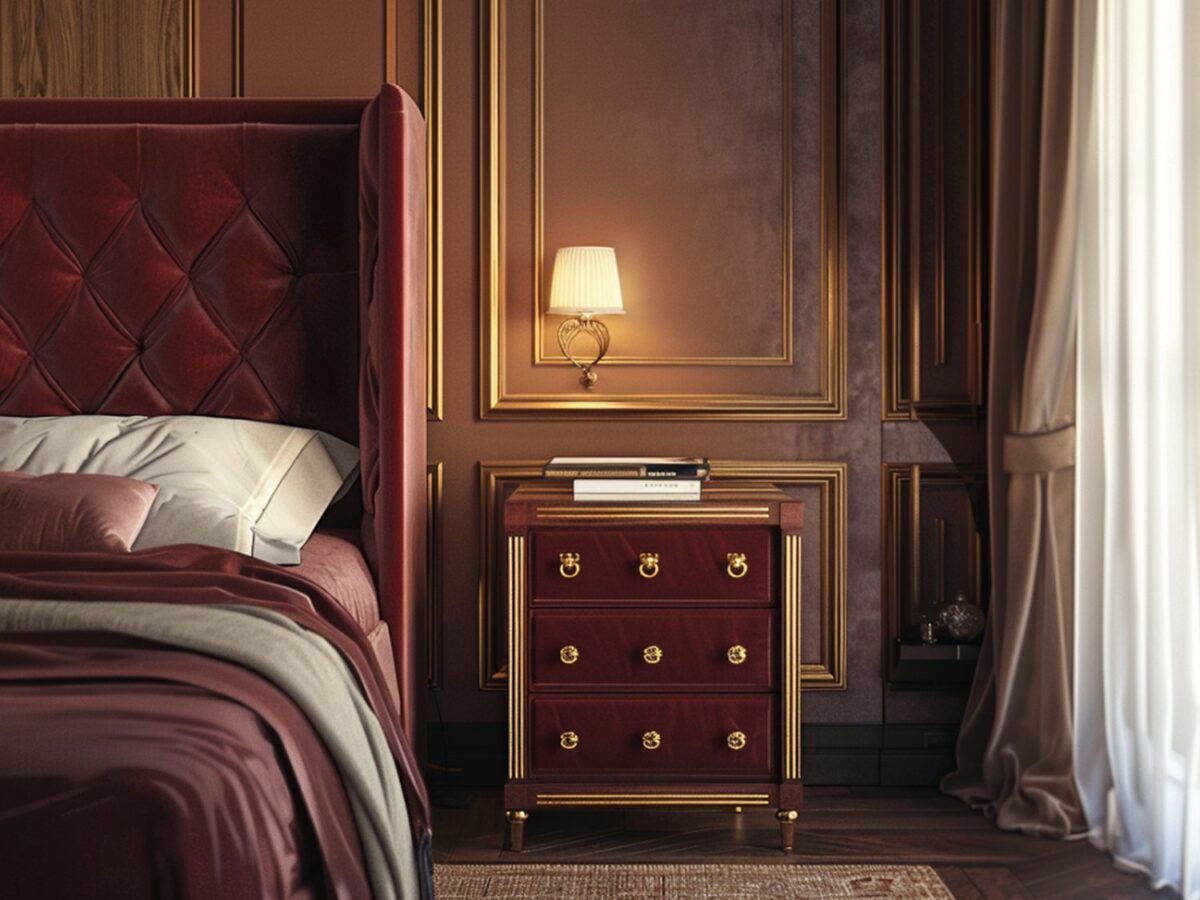 Luksusowa szafka nocna w kolorze bordo ze złotymi elementami w aranżacji sypialni