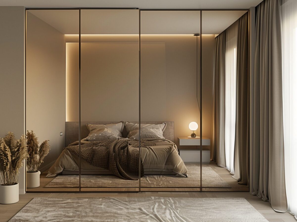 Sypialnia nowoczesna w nowoczesną dużą szafą z lustrem oraz łóżkiem w kolorach beżu