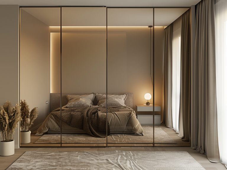 Sypialnia nowoczesna w nowoczesną dużą szafą z lustrem oraz łóżkiem w kolorach beżu