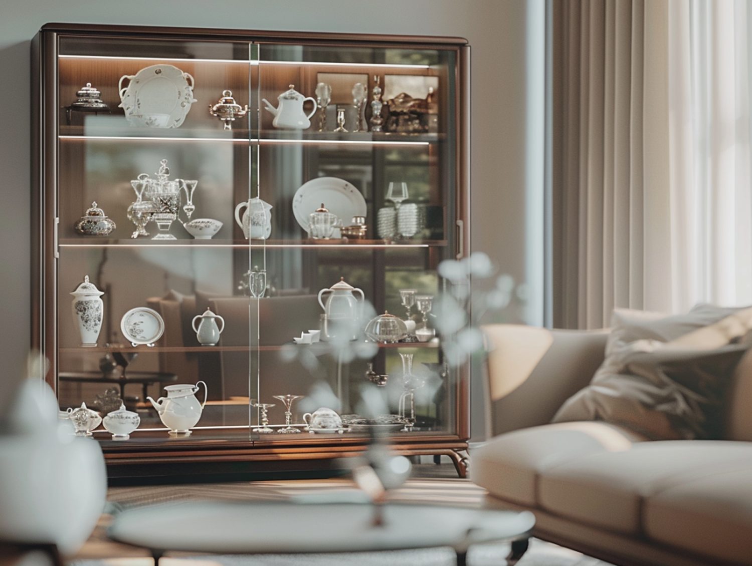 Drewniana witryna z przeszkleniami i porcelaną w klasycznym salonie