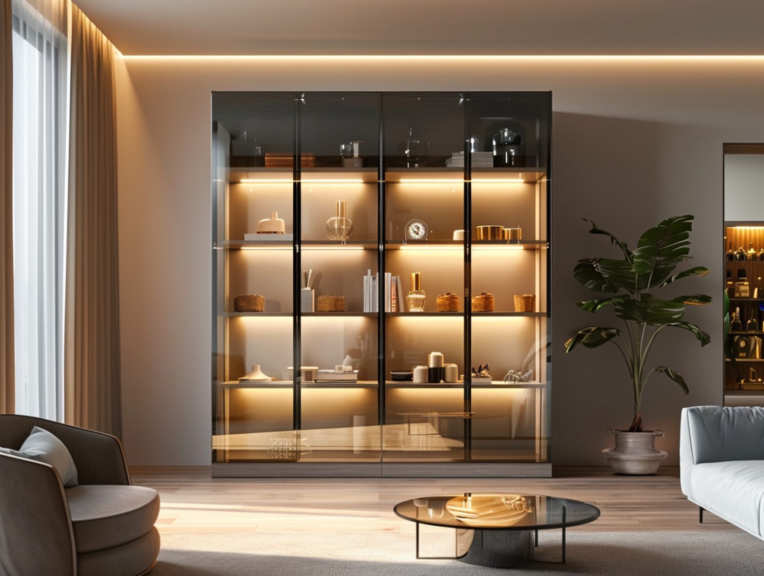 Nowoczesna witryna z oświetleniem LED i czarną ramą w stylu glamour