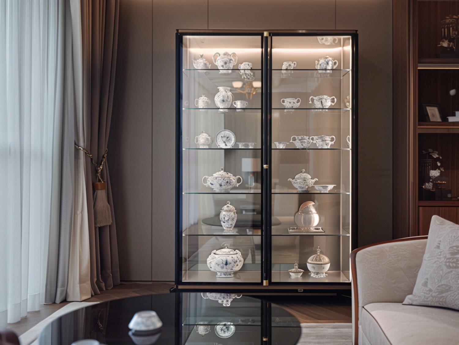 Elegancka witryna na porcelanę z ciemnym drewnem w klasycznym stylu