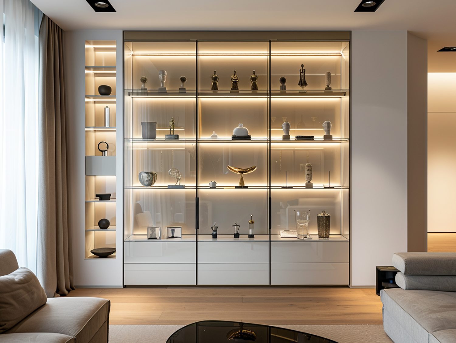 Przeszklona witryna z podświetleniem LED w nowoczesnym salonie