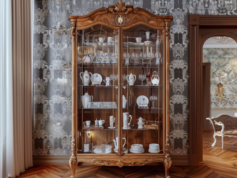Antyczna witryna z rzeźbionym drewnem i szkłem w klasycznej jadalni