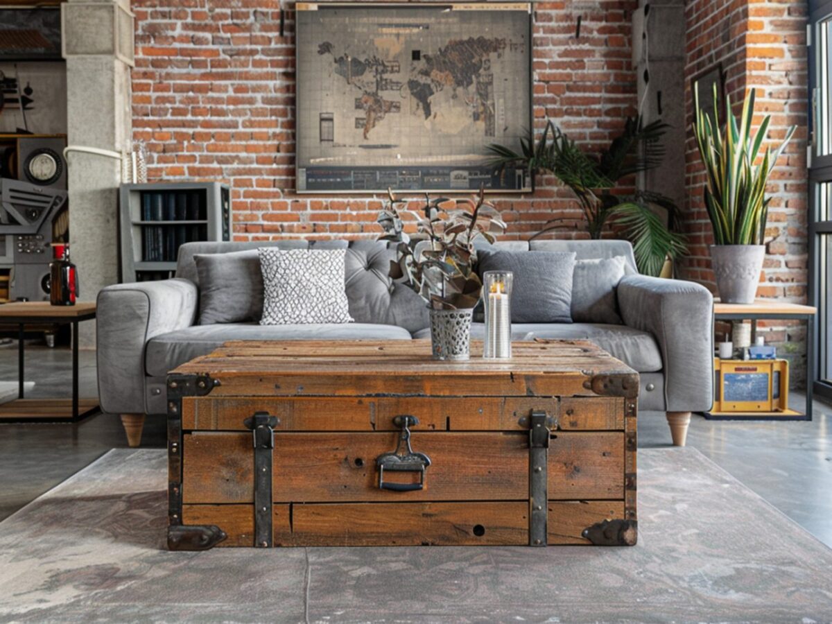 Drewniana skrzynia stylizowana na kufer jako stolik kawowy w salonie loftowym