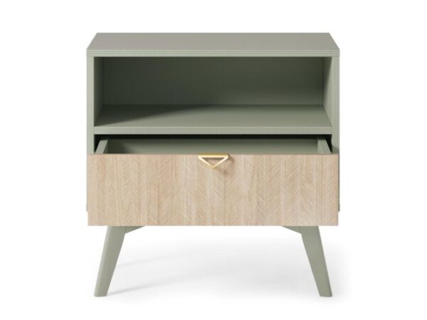Szafka nocna z otwartą wnęką i złotym uchwytem – oliwkowe wykończenie