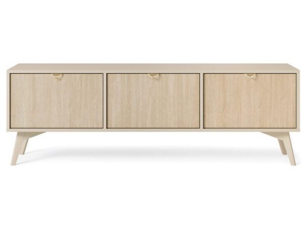 Niska komoda z trzema segmentami i złotymi uchwytami – naturalne drewno