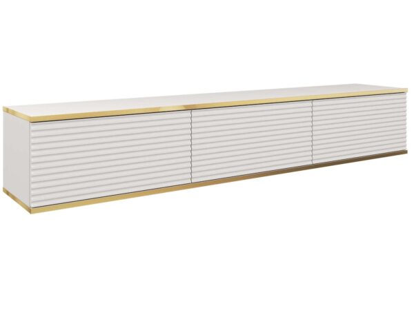 Długa podwieszana szafka RTV w kolorze złamanej bieli z cienką złotą ramką
