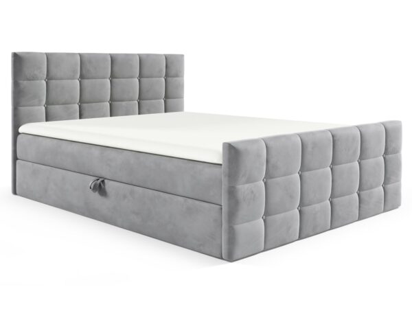 Jasnoszare łóżko z przeszyciami i schowkiem w podstawie