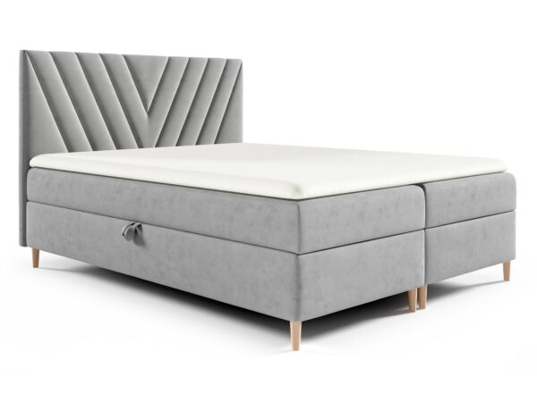 Szare łóżko z gładkim materacem i jasnymi nogami w stylu skandynawskim