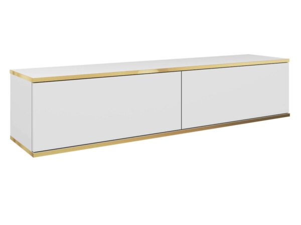 Białą szafka RTV białymi cienkimi listwami