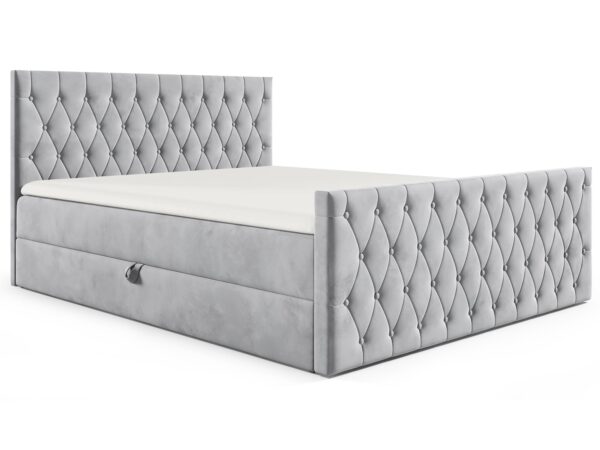 Szare łóżko z geometrycznym pikowaniem i masywną konstrukcją w stylu hotelowym