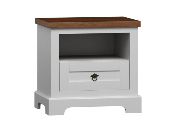 Szafka nocna biała z szufladą i drewnianym blatem