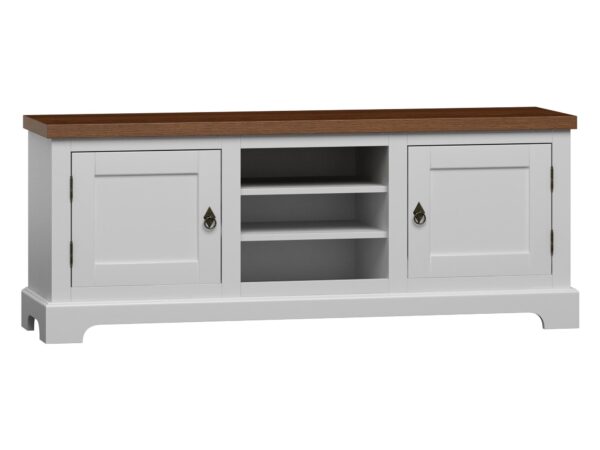 Komoda RTV z przeszklonym frontem i dwoma szufladami, blat drewniany