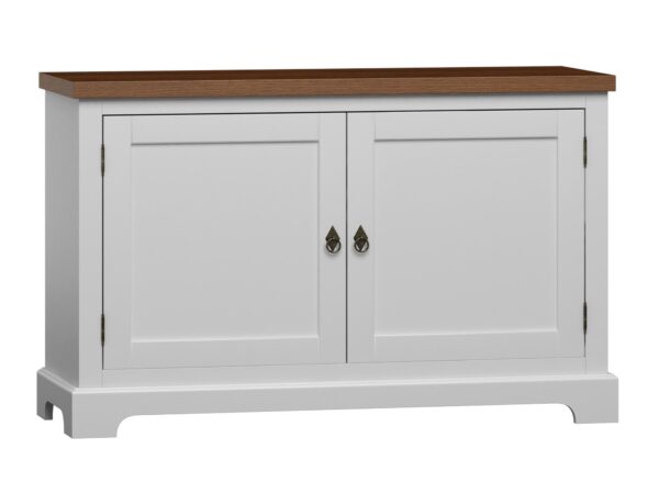 Biała komoda z dwiema szafkami i drewnianym blatem