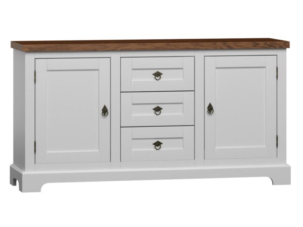 Stylizowany salon z białym kompletem RTV i jasną tapetą