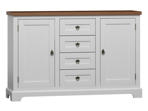 Komoda z szufladami i przeszkleniami, biało-orzechowa w stylu rustykalnym