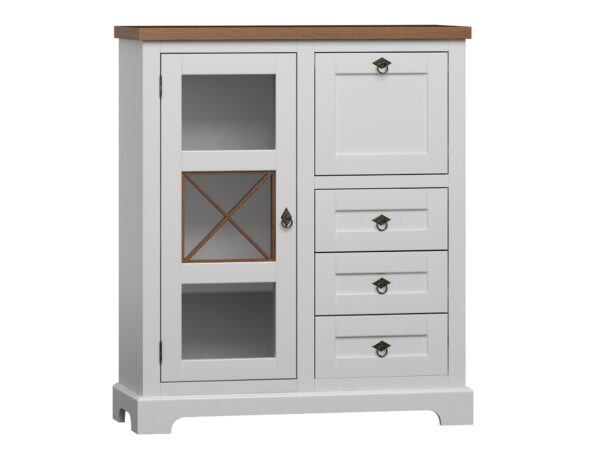 Niska biała komoda z przeszkleniami i stylowym blatem drewnianym