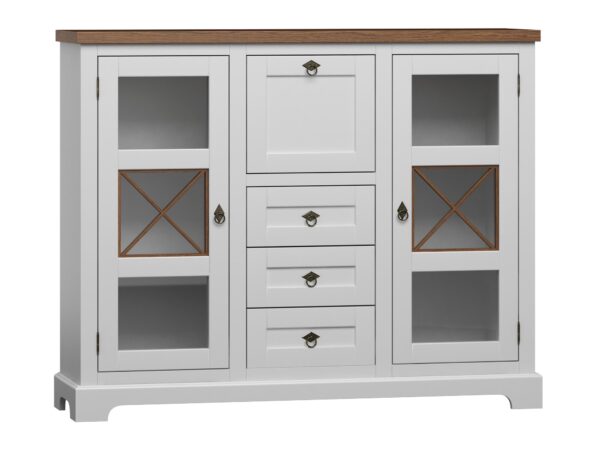 Biały kredens z szufladami i przeszklonymi drzwiczkami w stylu rustykalnym