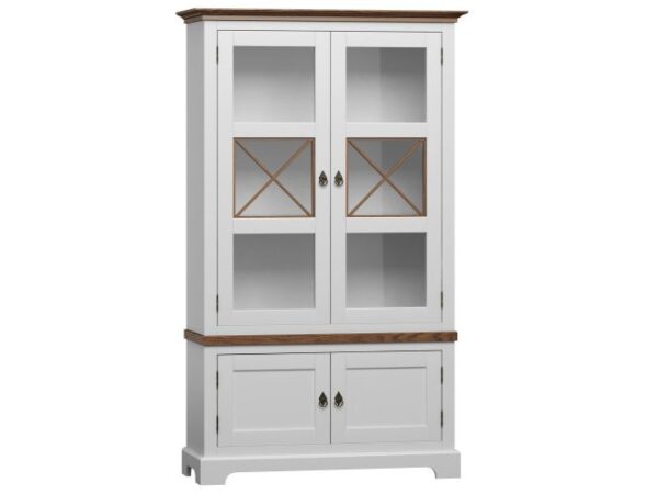 Kredens w stylu prowansalskim z białym korpusem i brązowym blatem