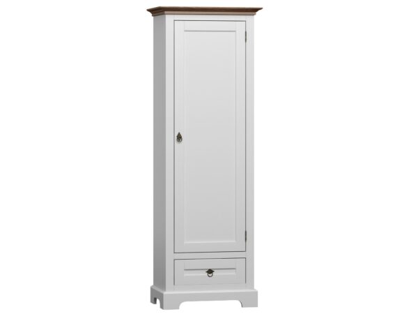 Biała wąska szafa w stylu klasycznym z ozdobnym wieńcem górnym