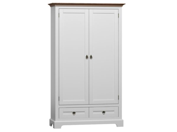 Biała szafa dwudrzwiowa z szufladą i listwą górną w kolorze orzech