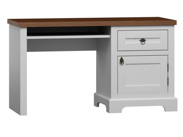 Białe nowoczesne biurko z drewnianym blatem