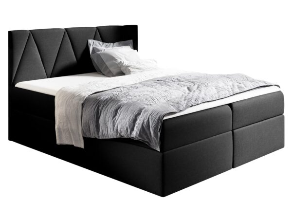 Łóżko z czarnym tapicerowanym zagłówkiem i pojemnikiem na pościel w stylu nowoczesnym