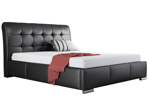 Czarno-białe łóżko z poziomym przeszyciem zagłówka i wykończeniem matowym