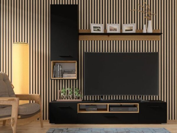 Zestaw mebli RTV z czarno-dębową zabudową do eleganckiego salonu