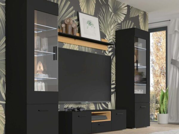 Meblościanka czarna z drewnianymi akcentami