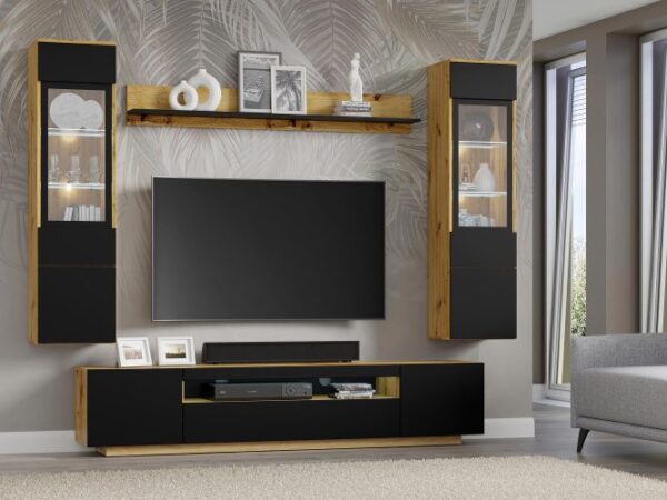 Zestaw mebli RTV z witrynami i półkami w stylu nowoczesnym do salonu