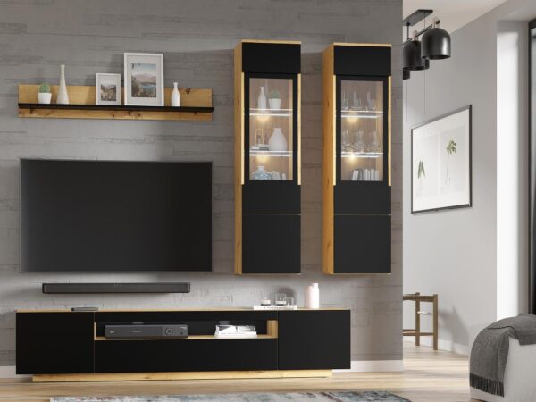 Zestaw mebli do salonu z przeszklonymi witrynami i czarnymi frontami w stylu loftowym