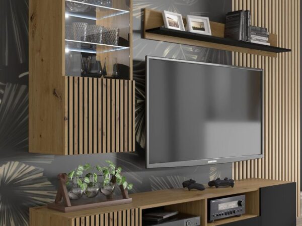Komplet mebli RTV z pionowymi lamelami, drewno dębowe i czerń, salon loft