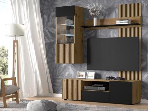Nowoczesny zestaw mebli RTV dąb i czerń, salon w stylu loftowym