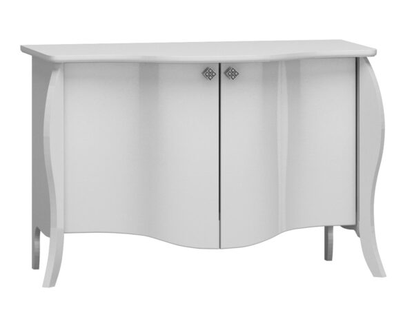 Biała komoda glamour z zaokrąglonym frontem i ozdobnymi uchwytami.