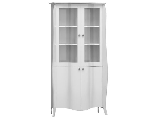 Biała wysoka witryna z przeszklonymi drzwiami i półkami