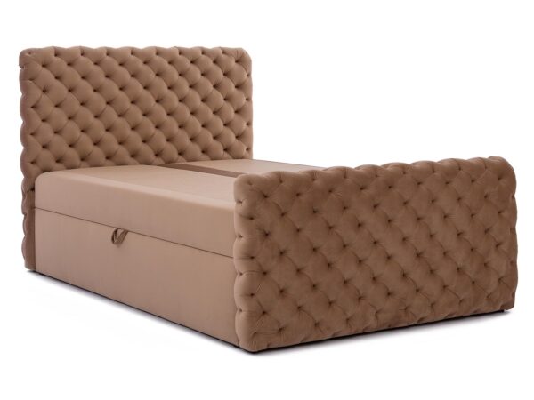 Jasnobrązowe łóżko z eleganckim zagłówkiem i matową powierzchnią w stylu nowoczesnym